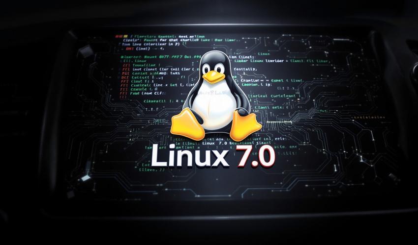Linux 7.0 logotipas ir operacinės sistemos vizualizacija